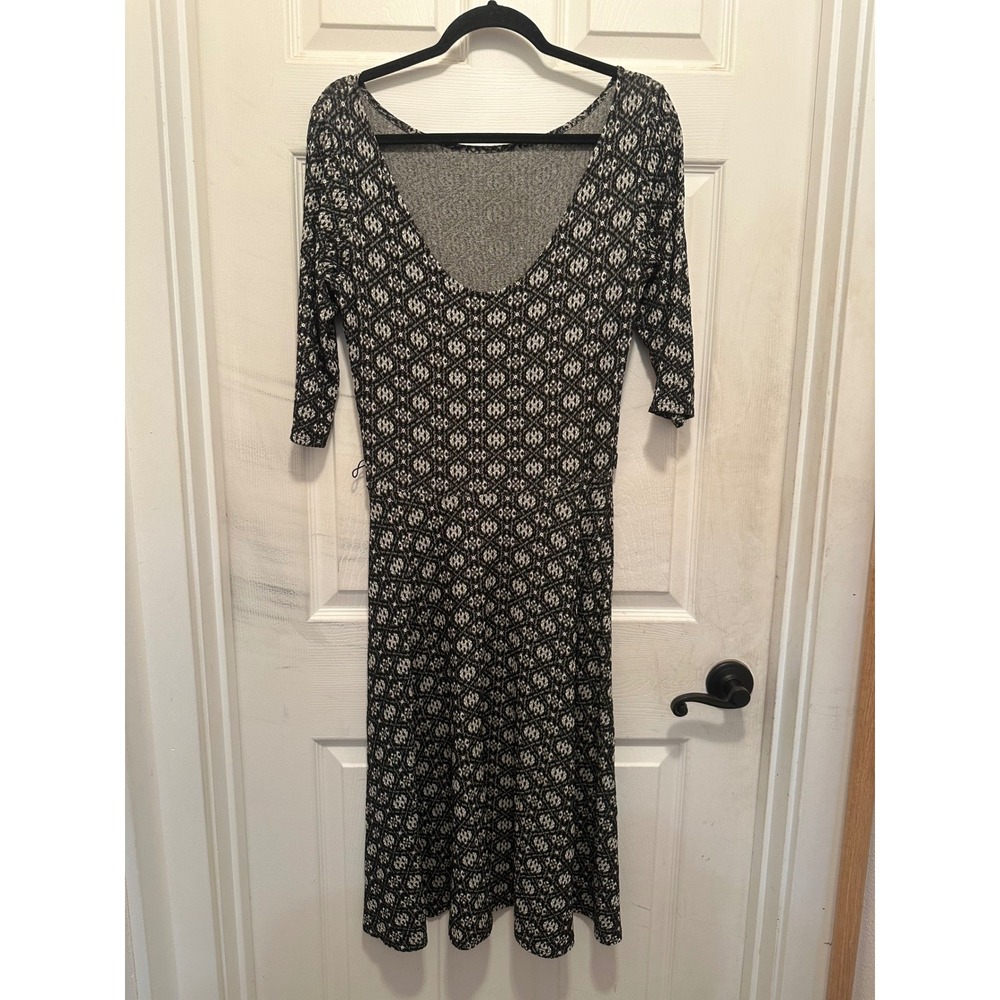Leota New York Black White Geometric Diamond Print Fit Flare Dress 3/4 Sleeve
